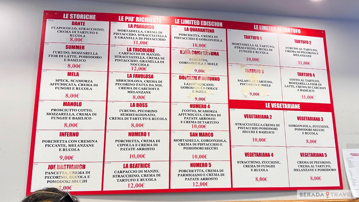 Prices at All’Antico Vinaio